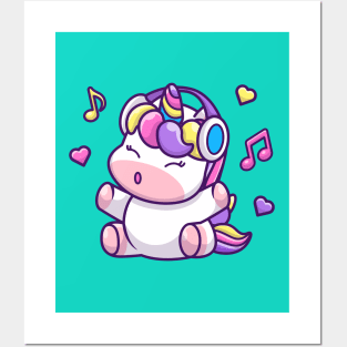 Cute Unicorn Listening Music With Headphone Posters and Art